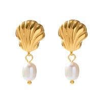 Freshwater Pearl Drop Earring, 304 Stainless Steel, with Freshwater Pearl, Shell, Vacuum Ion Plating, fashion jewelry & for woman, golden 