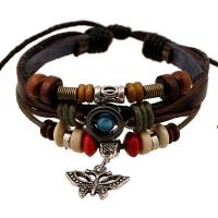 Cowhide Bracelets, with Linen & Wood & Zinc Alloy, Butterfly, vintage & multilayer & Unisex Approx 6.7 Inch 