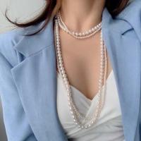 Freshwater Pearl Sweater Chain Necklace, with Copper Alloy, 14K gold-filled, fashion jewelry & for woman, white, 4-7mm Approx 120 cm [