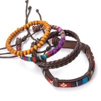 Cowhide Bracelets, with PU Leather & Wood, knit, 4 pieces & Unisex, multi-colored Approx 18 cm 
