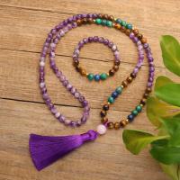 Jewelry Gift Sets, Amethyst, bracelet & necklace, with Polyester Yarns & Lapis Lazuli & Tiger Eye, handmade, fashion jewelry & for woman, multi-colored 