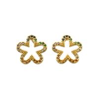 Boucles d'oreilles en laiton zircon cubique pavent, fleur, Placage de couleur d'or, bijoux de mode & pavé de micro zircon & pour femme, multicolore Vendu par paire