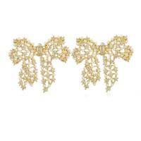 Cubic Zirconia Micro Pave Brass Earring, with Plastic Pearl, Bowknot, gold color plated, micro pave cubic zirconia & for woman 