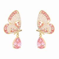 Cubic Zirconia Micro Pave Brass Earring, Butterfly, real gold plated, fashion jewelry & micro pave cubic zirconia & for woman, pink [