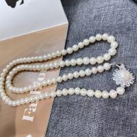 Пресноводные перлы ожерелье цепи свитера, Пресноводные жемчуги, с Медный сплав, 14K позолоченный, ювелирные изделия моды & инкрустированное микро кубического циркония & Женский, белый, 8-9mm, длина:Приблизительно 90 см, продается PC