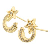 Cubic Zirconia Micro Pave Brass Earring, Moon and Star, gold color plated, fashion jewelry & micro pave cubic zirconia & for woman, golden [