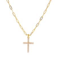 Stainless Steel Jewelry Necklace, 304 Stainless Steel, with Plastic Pearl, with 2.17inch extender chain, Cross, 18K gold plated, fashion jewelry & for woman, golden, 22.4mm Approx 17.91 Inch 