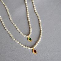 Collier de chaîne en laiton de perles d'eau douce, avec zircon cubique & perle d'eau douce cultivée, avec 5CM chaînes de rallonge, Placage de couleur d'or, bijoux de mode & pour femme, plus de couleurs à choisir Environ 37 cm, Vendu par PC[