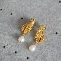 Freshwater Pearl Brass Earring, with Freshwater Pearl, Hand, gold color plated, fashion jewelry & for woman & enamel, 35mm 