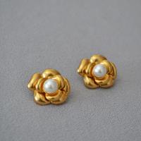 Brass Stud Earring, with Plastic Pearl, Flower, matte gold color plated, fashion jewelry & for woman, mixed colors, 20mm [
