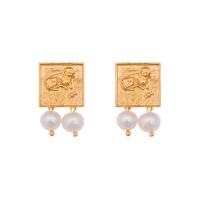 Brass Drop Earring, with Plastic Pearl, Square, gold color plated, fashion jewelry & for woman 18mm 
