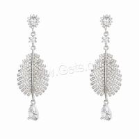Cubic Zirconia Micro Pave Brass Earring, Leaf, real gold plated, fashion jewelry & micro pave cubic zirconia & for woman, silver color [