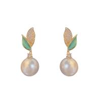 Cubic Zirconia Micro Pave Brass Earring, with Plastic Pearl, Leaf, real gold plated, fashion jewelry & micro pave cubic zirconia & for woman [