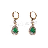 Cubic Zirconia Micro Pave Brass Earring, Teardrop, real gold plated, fashion jewelry & micro pave cubic zirconia & for woman, green [