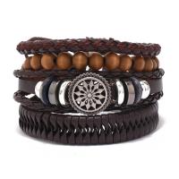 Wrap Bracelets, PU Leather, with Wax Cord & Wood & Copper Coated Plastic & Zinc Alloy, handmade, 4 pieces & fashion jewelry & for man Approx 17-18 cm 
