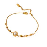 Titanium Steel Bracelet, with Plastic Pearl, with 2inch extender chain, real gold plated, fashion jewelry & for woman Approx 5.9 Inch [
