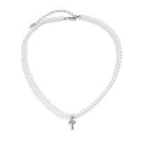 Plastic Pearl Necklace, with Zinc Alloy, with 2.7inch extender chain, Cross, platinum color plated, for man & with rhinestone Approx 17.7 Inch 