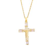 Titanium Steel Jewelry Necklace, with Brass, with 2inch extender chain, Crucifix Cross, real gold plated, oval chain & micro pave cubic zirconia & for woman Approx 15.7 Inch [