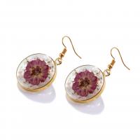 Resin Drop Earring, with Dried Flower & Shell & Brass, Round, gold color plated, for woman & epoxy gel 
