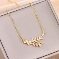 Titanium Steel Jewelry Necklace, with Brass, with 2inch extender chain, Leaf, real gold plated, oval chain & for woman & with rhinestone Approx 15.7 Inch 