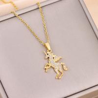 Titanium Steel Jewelry Necklace, with Brass, with 2inch extender chain, Unicorn, real gold plated, oval chain & for woman & with rhinestone Approx 15.7 Inch [