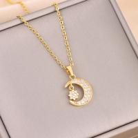 Titanium Steel Jewelry Necklace, with Brass, with 2inch extender chain, Moon and Star, real gold plated, oval chain & for woman & with rhinestone Approx 15.7 Inch [