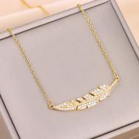 Titanium Steel Jewelry Necklace, with Brass, with 2inch extender chain, Feather, real gold plated, oval chain & for woman & with rhinestone Approx 15.7 Inch [