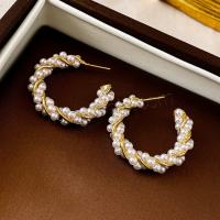 Pendiente de aleación de cinc con perlas plásticas, aleación de zinc, con Perlas plásticas, chapado en oro real, Joyería & para mujer, dorado, 32x32mm, Vendido por Par