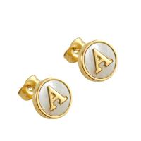Titanium Steel Earrings, with Shell, Round, Vacuum Ion Plating, fashion jewelry & letters are from A to Z & for woman, two different colored, 10mm [