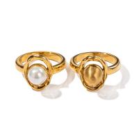 Stainless Steel Finger Ring, 304 Stainless Steel, with Plastic Pearl, 18K gold plated  & for woman, golden 