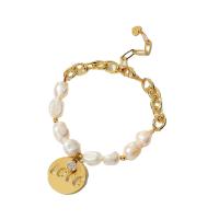 Cultured Freshwater Pearl Brass Bracelet, with Freshwater Pearl, with 1.57inch extender chain, gold color plated, fashion jewelry & micro pave cubic zirconia & for woman, golden Approx 6.89 Inch 