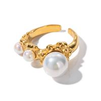 Stainless Steel Finger Ring, 304 Stainless Steel, with Plastic Pearl, 18K gold plated, fashion jewelry & for woman, golden [