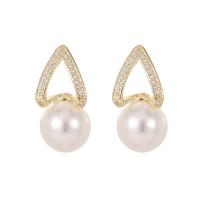 Cubic Zirconia Micro Pave Brass Earring, with Plastic Pearl, 14K gold plated, fashion jewelry & micro pave cubic zirconia & for woman, white [