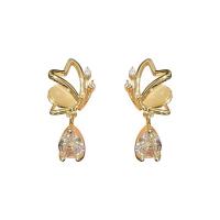 Rhinestone Brass Drop Earring, Copper Alloy, Butterfly, 14K gold plated, fashion jewelry & for woman & with rhinestone 