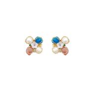 Glass Zinc Alloy Earring, with Plastic Pearl, Flower, gold color plated, fashion jewelry & for woman, mixed colors 