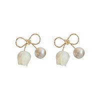 Brass Stud Earring, Copper Alloy, with Plastic Pearl, Bowknot, real gold plated, fashion jewelry & for woman [