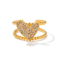Rhinestone Stainless Steel Finger Ring, 304 Stainless Steel, Heart, plated, fashion jewelry & with rhinestone, gold, 12.3mm, Inner Approx 18.1mm [