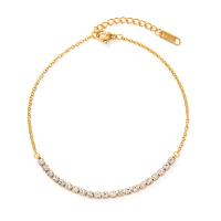 304 Stainless Steel Anklet, with 3.5cm extender chain, plated, fashion jewelry & micro pave cubic zirconia, golden, 3mm cm [