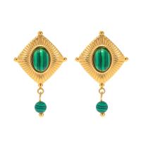 Stainless Steel Drop Earring, 304 Stainless Steel, with Malachite, 18K gold plated, fashion jewelry & for woman, golden 