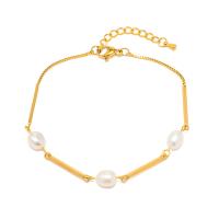 Stainless Steel Chain Bracelets, 304 Stainless Steel, with Freshwater Pearl, with 1.57inch extender chain, 18K gold plated, fashion jewelry & for woman, golden, 5.5mm Approx 7.09 Inch 