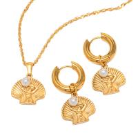 Fashion Stainless Steel Jewelry Sets, 304 Stainless Steel, with Plastic Pearl, with 2.36inch extender chain, 18K gold plated, fashion jewelry & for woman, golden, 34.9*17.3mm,10mm Approx 16.14 Inch 