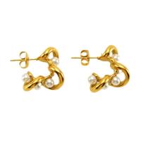 Edelstahl Stud Ohrring, 304 Edelstahl, mit Kunststoff Perlen, 18K vergoldet, Modeschmuck & für Frau, goldfarben, 17mm, verkauft von Paar[
