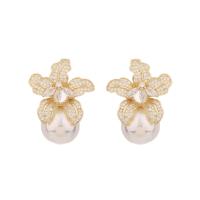 Cubic Zirconia Micro Pave Brass Earring, with Plastic Pearl, Flower, plated, fashion jewelry & micro pave cubic zirconia & for woman [