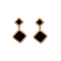Rhinestone Brass Drop Earring, Copper Alloy, Rhombus, gold color plated, fashion jewelry & for woman & with rhinestone, black 