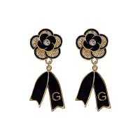 Rhinestone Brass Drop Earring, Copper Alloy, Flower, gold color plated, fashion jewelry & for woman & with rhinestone, black 