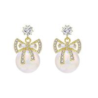 Cubic Zirconia Micro Pave Brass Earring, Copper Alloy, with Plastic Pearl, Bowknot, gold color plated, fashion jewelry & micro pave cubic zirconia & for woman [