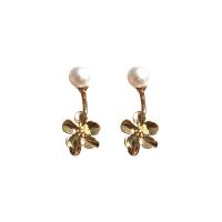 Brass Drop Earring, Copper Alloy, with Plastic Pearl, Flower, gold color plated, fashion jewelry & for woman [