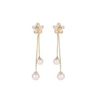 Cubic Zirconia Micro Pave Brass Earring, Copper Alloy, with Plastic Pearl, Flower, gold color plated, fashion jewelry & micro pave cubic zirconia & for woman [
