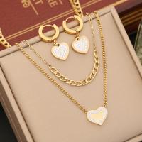 Rhinestone stainless steel Jewelry Set, 304 Stainless Steel, Heart, gold color plated, Double Layer & oval chain & for woman & with rhinestone [