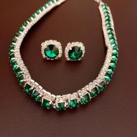 Brass Jewelry Set, Stud Earring & necklace, 2 pieces & fashion jewelry & for woman & with rhinestone, green Approx 37.8 cm [